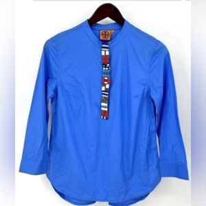 Tory Burch blue cotton shirt with beaded placket. Size 6 good used condition.